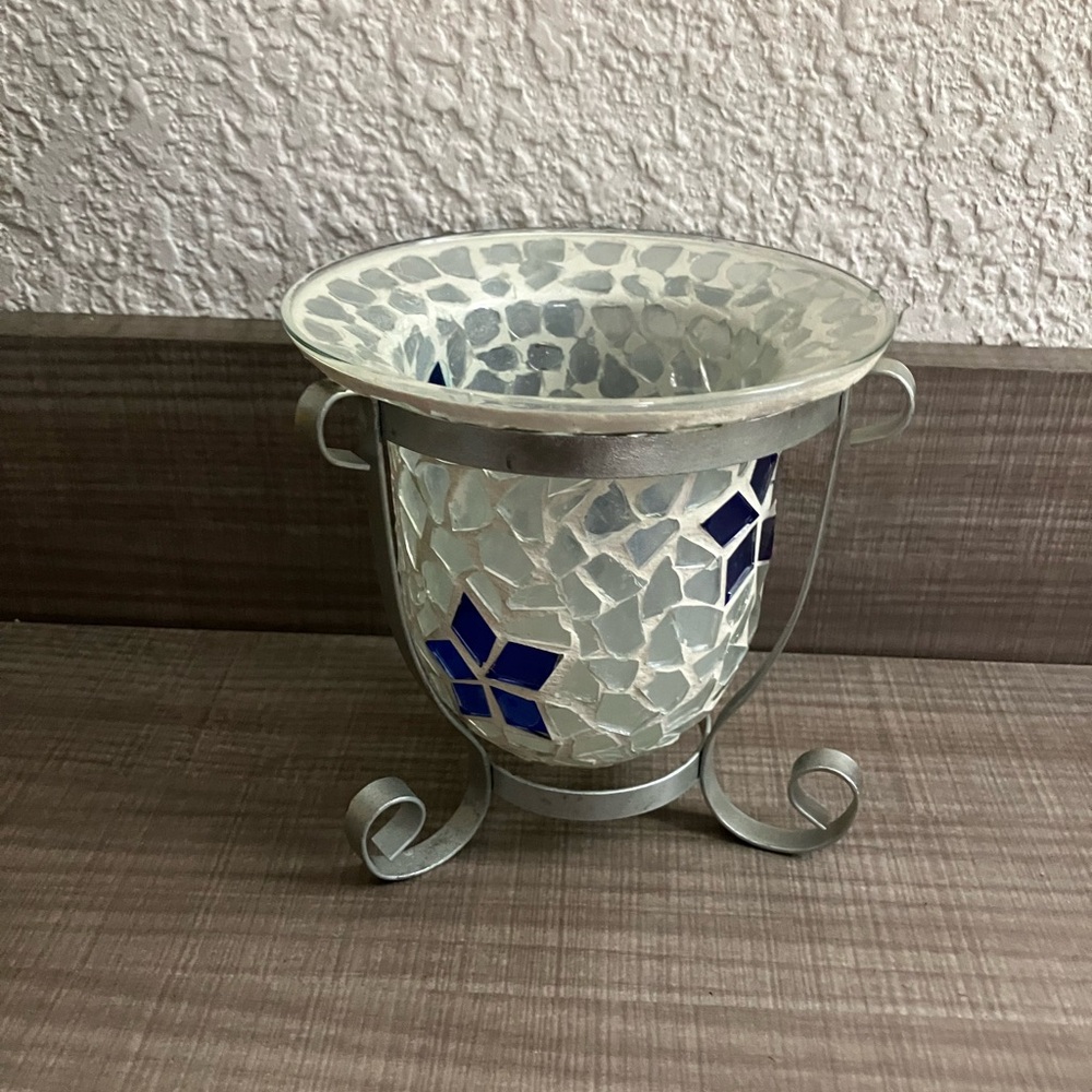 Mosaic Glass Candle Holder with Blue Accent Lamps